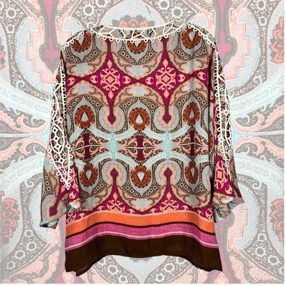 Boho Safari Chic Crochet Blouse Sz Medium Large Oversized 3/4 Sleeve Chico’s Top - Picture 9 of 9